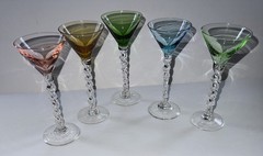 Set of 5 Vintage Asst Colors Small Martini/Cordial Glasses Twisted Stem 6” Tall