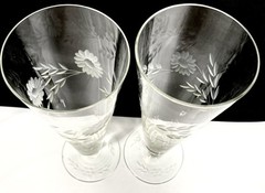 2 Vtg Gray Cut Floral Footed Laurel Leaf Beer Pilsner Champagne Glass 9″ Tall EX