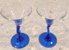 2 Libbey Cobalt Blue Swerve Zig-Zag Stem Cocktail Glasses MCM Style Courbe MCM