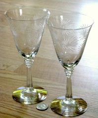 2x Fostoria LIDO glass WATER GOBLETS scepter stem 6017 PALM LEAVES etch 329