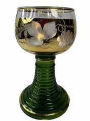 VTG Clear Green Gold Plated Glass Goblet Wine Water Etched Grape Design