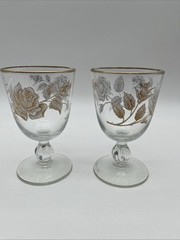 Libbey Vintage Stemmed Water Glass White & Gold Roses Set of 2