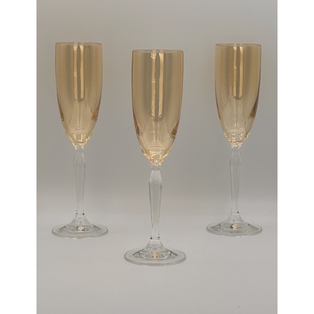 Pier 1 Amber Golden Luster Wine Fluted Champagne Toasting Glasses 9” Set of 3