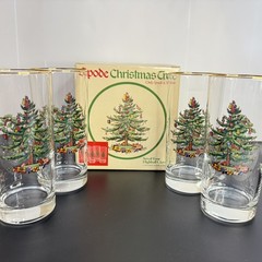 Spode Highball Tumbler Glass Christmas Tree Pattern Set Of 4 Gold Trim With Box