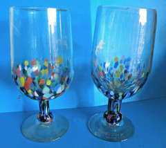 Mexican Art Glass Goblets Hand Blown Colorful Confetti Wine Glasses New 8″ C20