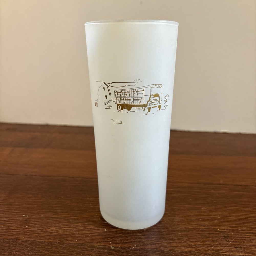 VTG Frosted Tom Collins Glass w/Gold Trucks Mack/International Trail mobile