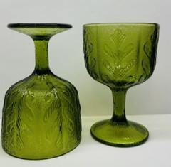 Vintage Set Of 4 Large F.T.D 1975 Olive Green Glass Goblets Oak Leaves 6.5″