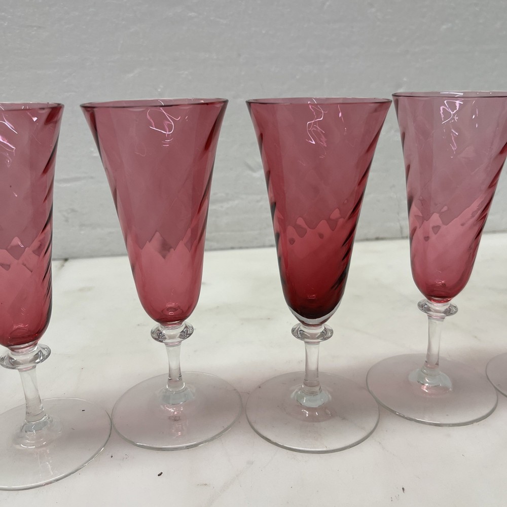 4 Garda Rose Swirl Cranberry Optic Cordial Glasses by Schmidt F Germany Glass 6”