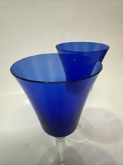 Vintage Pair of Cobalt Blue Wine Glasses Clear Stem Flared Bowl Elegant Barware
