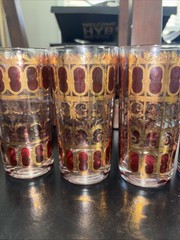 6 Vintage Culver Cranberry Gold Scroll MCM Highball Tumbler Glasses 12 oz Bar 22