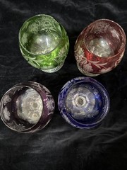 FOUR AJKA MARSALA MULTICOLOR LEAD CRYSTAL BRANDY GLASSES, 1980’s STICKER ON