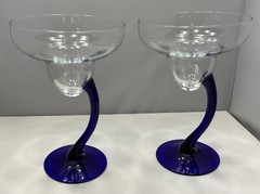 SET OF TWO COBALT BLUE LIBBY BRAVURA MARGARITA GLASSES CURVED STEM 7.25″