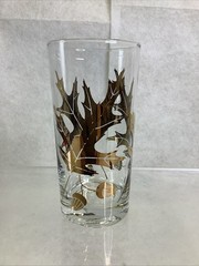 Silver Oak Leaf & Acorn Gold Guilt High Relief High Ball Glasses MCM Vintage