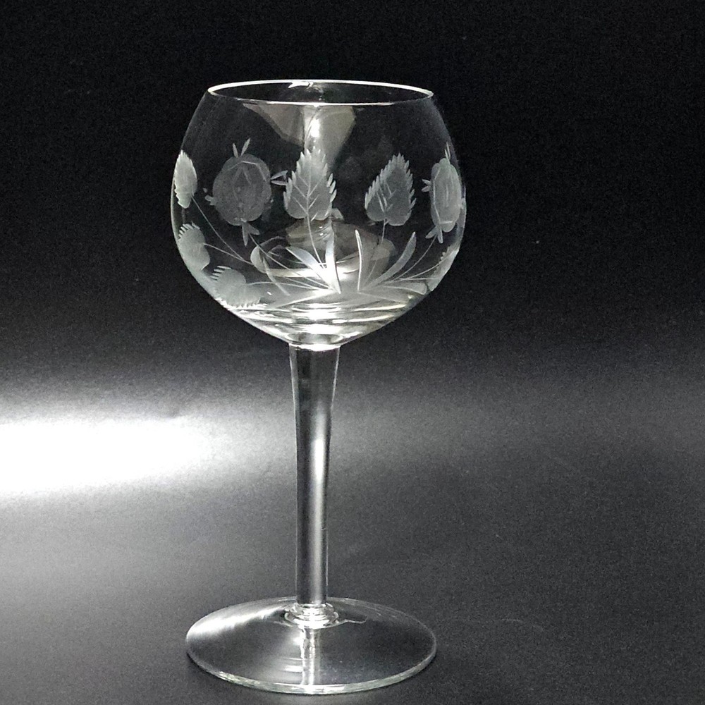 Etched Crystal Rose Wine Glass 6.5″ vintage floral elegant stemware cut glass