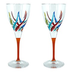 Pair of Murano Wine Glass Hand Painted Multi Orange Stem Venice Italy