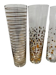 Set of Four Zodax La Fete Decal Champagne Flutes Gold On Clear Glass Dots Stripe