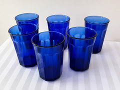 Set of 6 Vintage Luminarc Cobalt Blue Tumblers Glasses Made in France Paneled