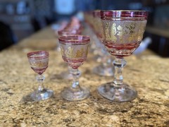 Antique 30 piece 19th Century cut and etched crystal partial service stemware