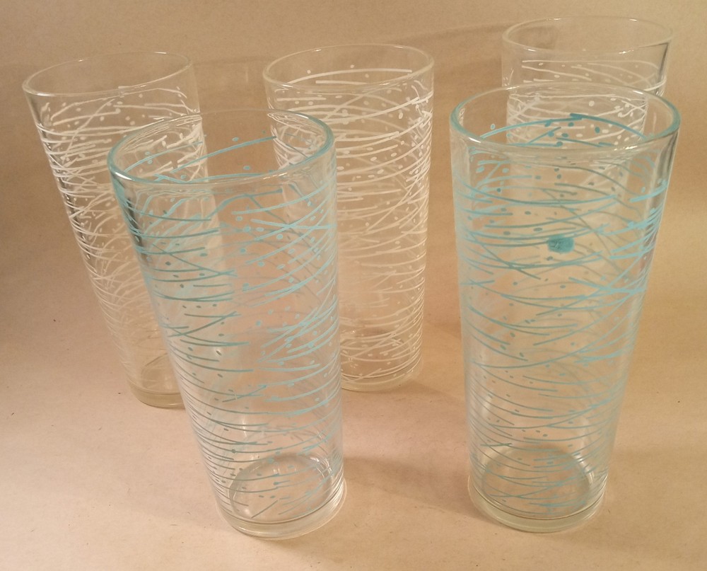 MCM Drinking Glasses. Lines & Dots. Set Of 5. 14oz. 3 White, 2 Teal