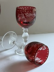 6 Vintage Bohemian Ruby Cut to Clear Crystal Cordial Glasses Leaf Fruit Design