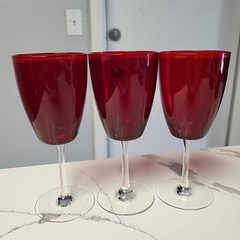 Elegant Ruby Red Crystal Wine Water MCM Cocktail Goblet 3 Hand Blown Glasses