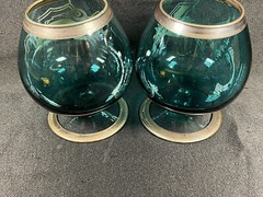 VTG SET 2 BOHEMIAN SILVER OVERLAY SMOKY GREEN BRANDY COGNAC SNIFTERS BIRD WOLF