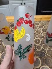 3 Federal Frosted Glasses w/ Fruit & Vines Design Retro Tom Collins Vtg 6 3/4″