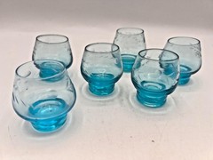 set of 6 blue tinted cordial glasses with etched wheat pattern