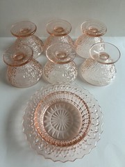 Pink Depression Glass~ Pink Jeanette Holiday Buttons & Bows 7 Piece Lot