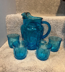Anchor Hocking Aqua Blue Pitcher Tumbler Set Colonial Tulip Laser Retro Vtg