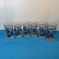 Vtg Cerve DeValbor Italian frosted glass tumblers W/blue and gold floral design