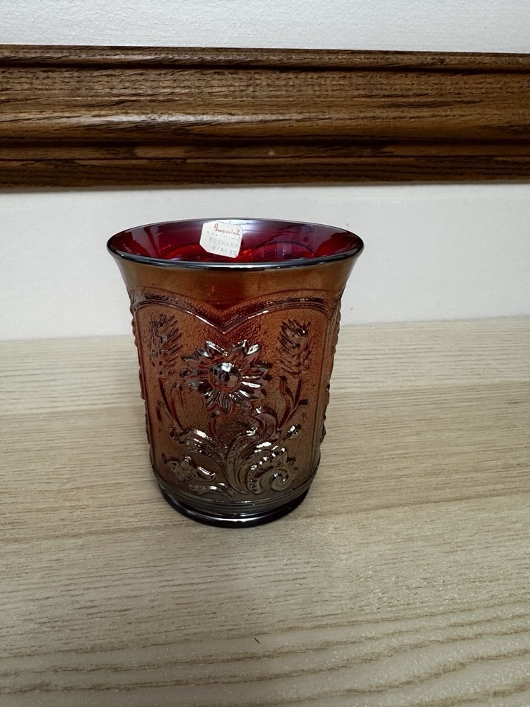 Carnival Glass Tumbler Field Flower Pattern Imperial Glass IG Red Iridescent