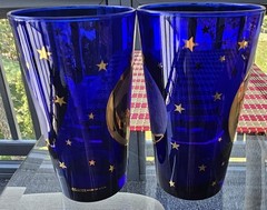 2 Culver Cobalt Blue Glass Celestial Gold Stars & Moon 6 inch Tumbler 22k