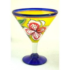 Pair Hand Painted Floral Margarita Glasses Blue Rim Yellow Mexican Style Set 2