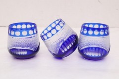 VTG SET 3 BOHEMIAN CZECH CUT TO CLEAR CRYSTAL TUMBLERS GLASSES COBALT BLUE 3.25″