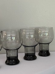 6 Vintage Federal Glass SUNDOWN Smoke Gray Pedestal Goblets, Retro Barware 1960s