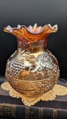 Ant Dugan Floral & Grape Marigold Carnival Glass Water Pitcher Set w/ 4 Tumblers