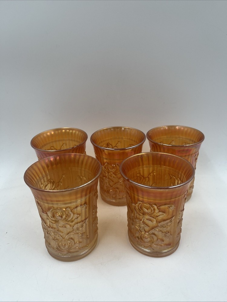 Vintage MCM Carnival Glass Lustre Rose Imperial Marigold Water Set 5 Tumblers