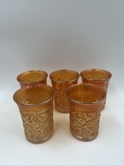 Vintage MCM Carnival Glass Lustre Rose Imperial Marigold Water Set 5 Tumblers