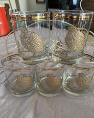 5 VINTAGE MID CENTURY GEORGES BRIARD GOLD BIRD PARTRIDGE QUAIL BAR ROCKS GLASSES