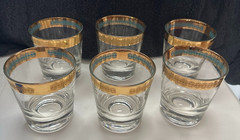 Vintage MCM Gold & Turquoise Rocks Glasses Set of 6 Weighted Lowball Whiskey 6