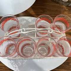 Vintage Libby Pink Vine Drinking Glasses With White Metal Caddy MCM