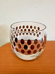 Mid Century Glass Silver Polka Dots Roly Poly Barware Set w/ Caddy MCM