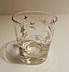 Vintage Set Of 9 «Pour Another For» Gold Stars Lowball Cocktail Glasses MCM Bar