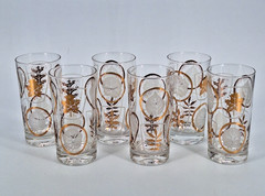 6 Vintage Clear Drinking Glasses with Gold Embossed & Etched leaves 7″