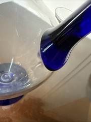 Vtg Mcm Wine Pitcher Clear And Cobalt Blue With Applied Handle &1 Cordial Glass