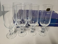 NIB 6 Bohemian Crystal Diamond Ball Stem Champagne Flutes Vintage Czechoslavakia