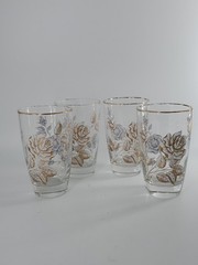 Set of 4 Vintage Libbey Rose Bouquet Tumblers, Gold Rim, 1960s, barware