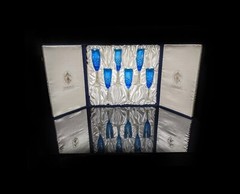 Faberge Sky Blue Colored Crystal Champagne Flutes Set of 6 NIB