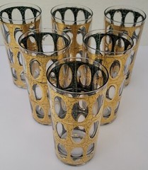 MCM Gold & Green Crackle Glass High Ball Glasses Culver ? Piza?